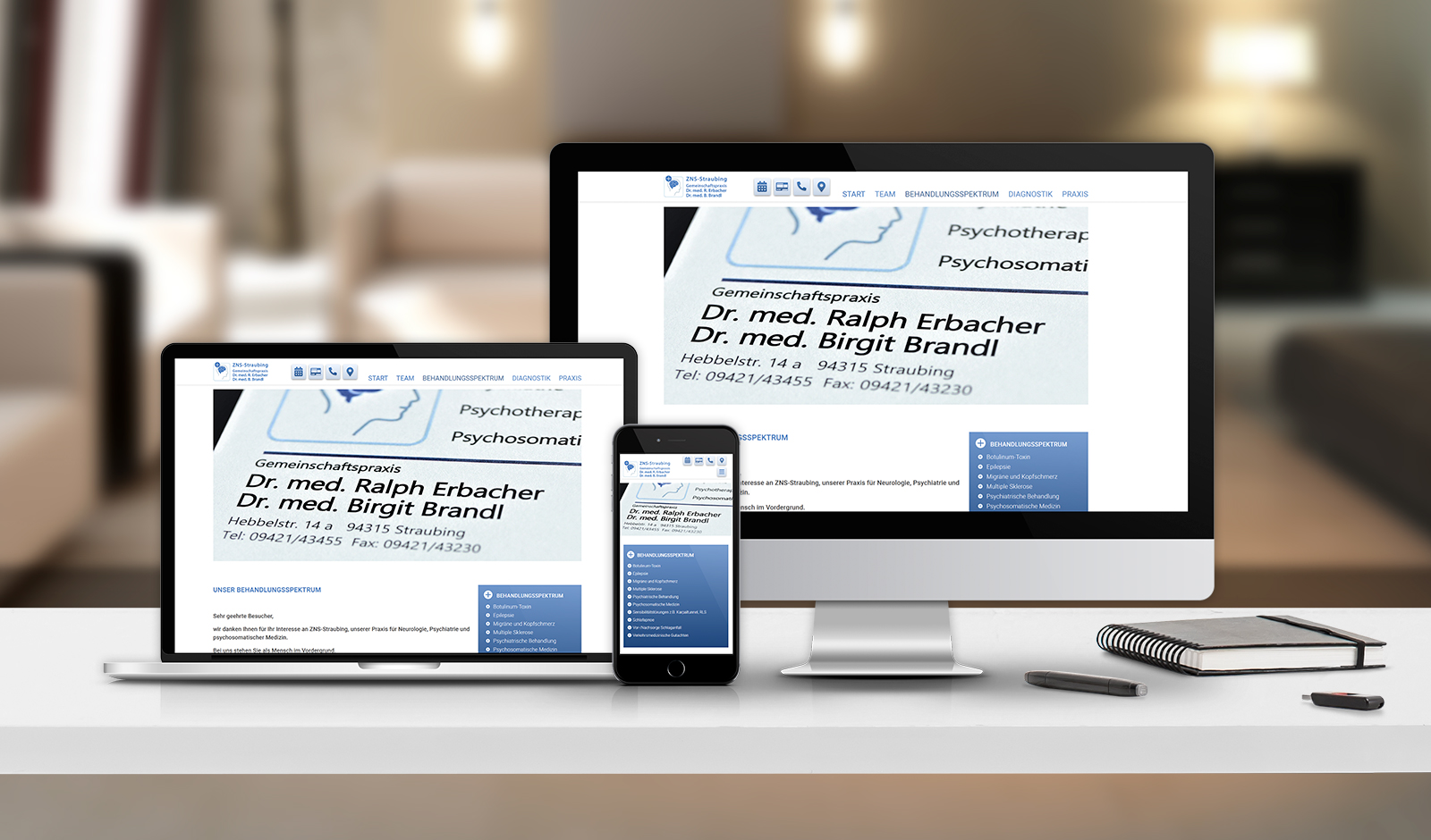 Webdesign für Praxis für Neurologie, Psychiatrie und Psychosomatische Medizin ZNS Dr. Erbacher und Dr. Brandl in Straubing